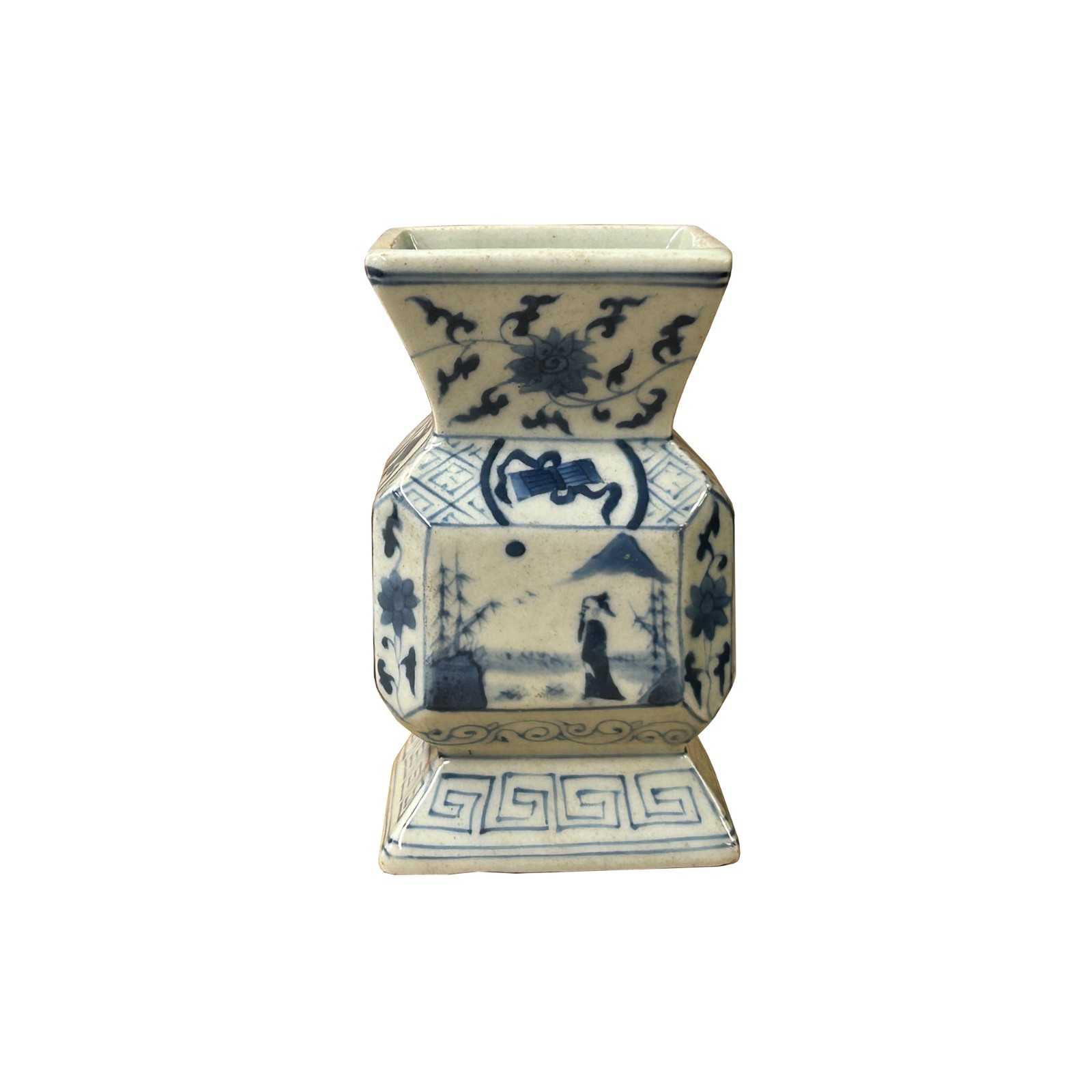 Vintage Pale Blue White Scenery Graphic Square Porcelain Vase ws5035