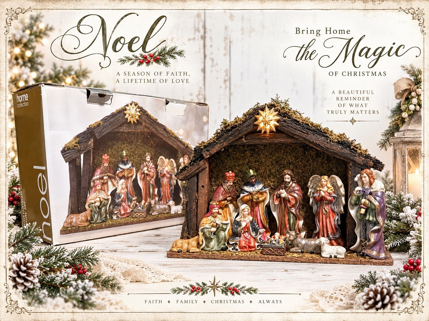 VTG Nativity Set 11 Piece Hand Painted W/ Glitter & Lighted Wooden Stable W/ Box VTG Nativity Set 11 Piece Hand Painted W/ Glitter & Lighted Wooden Stable W/ Box