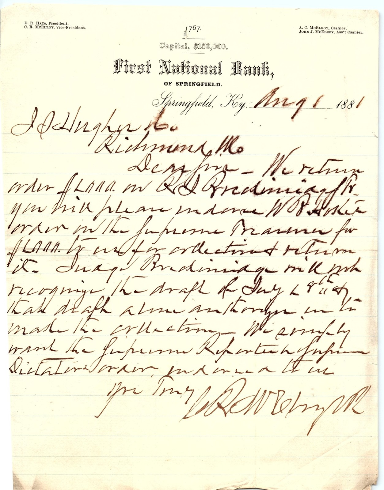1881 First National Bank Springfield, KY Billhead Letter
