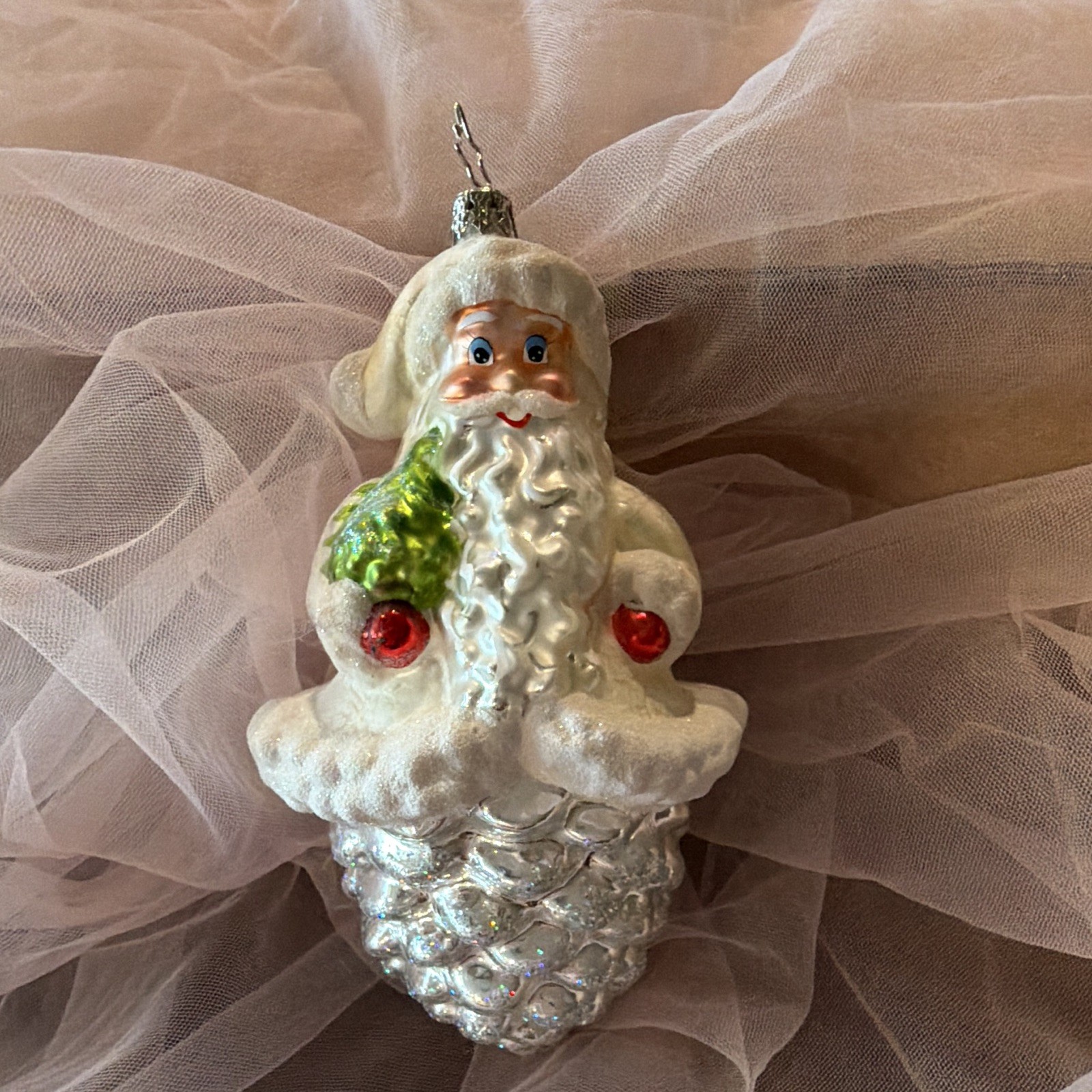 Christopher Radko Silver Cone Curls Santa Pine Cone Christmas Ornament 2005
