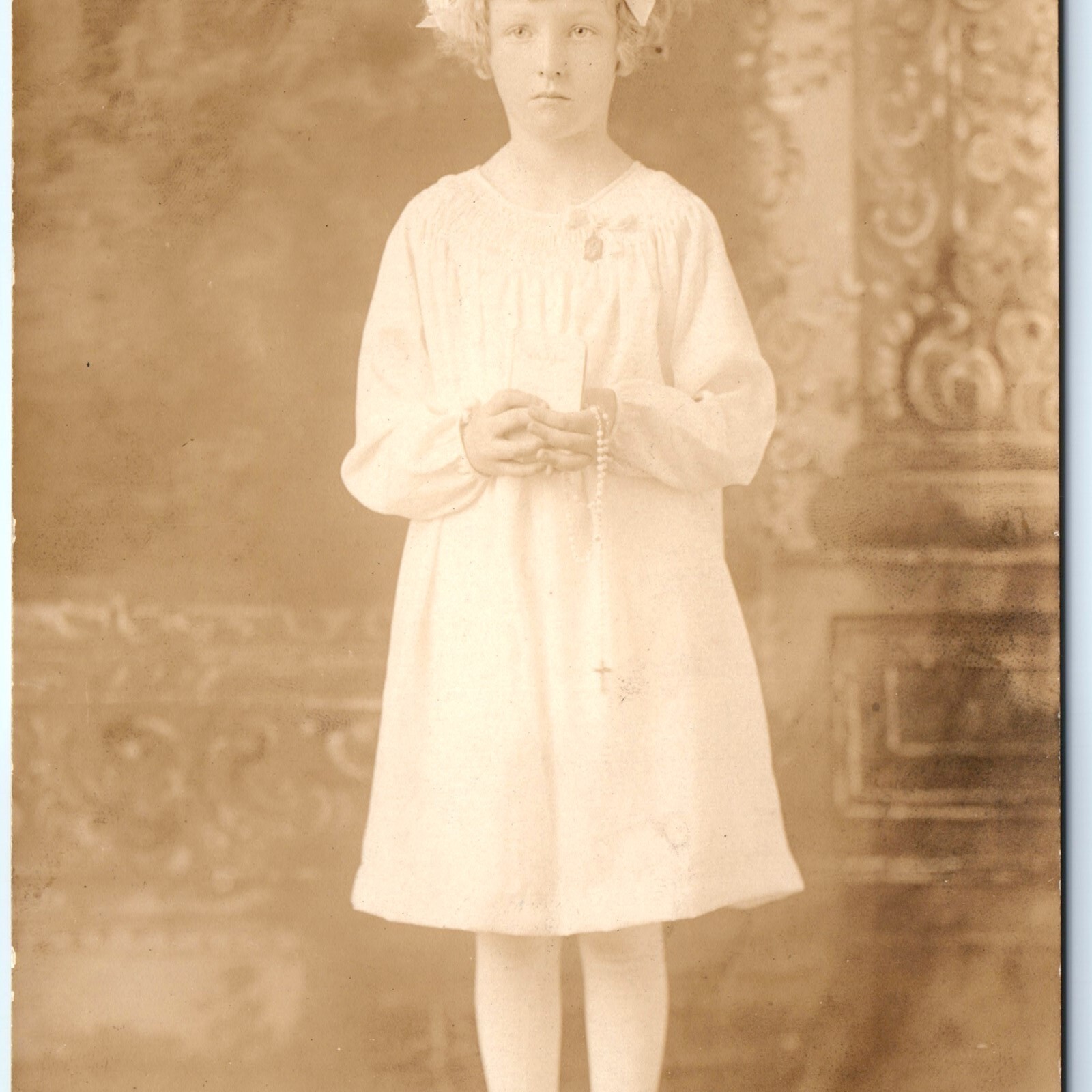 1929 Young Girl First Holy Communion RPPC Bible Rosary Dress Floral Crown Photo 1929 Young Girl First Holy Communion RPPC Bible Rosary Dress Floral Crown Photo