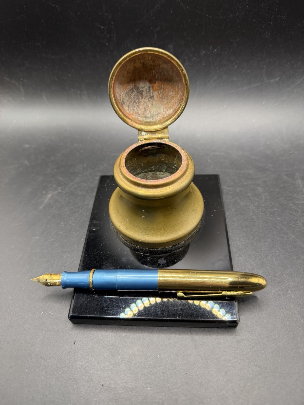 Vintage Brass Desk Inkwell Set with Velvet Point 6 Pen & Higgins Black Ink 