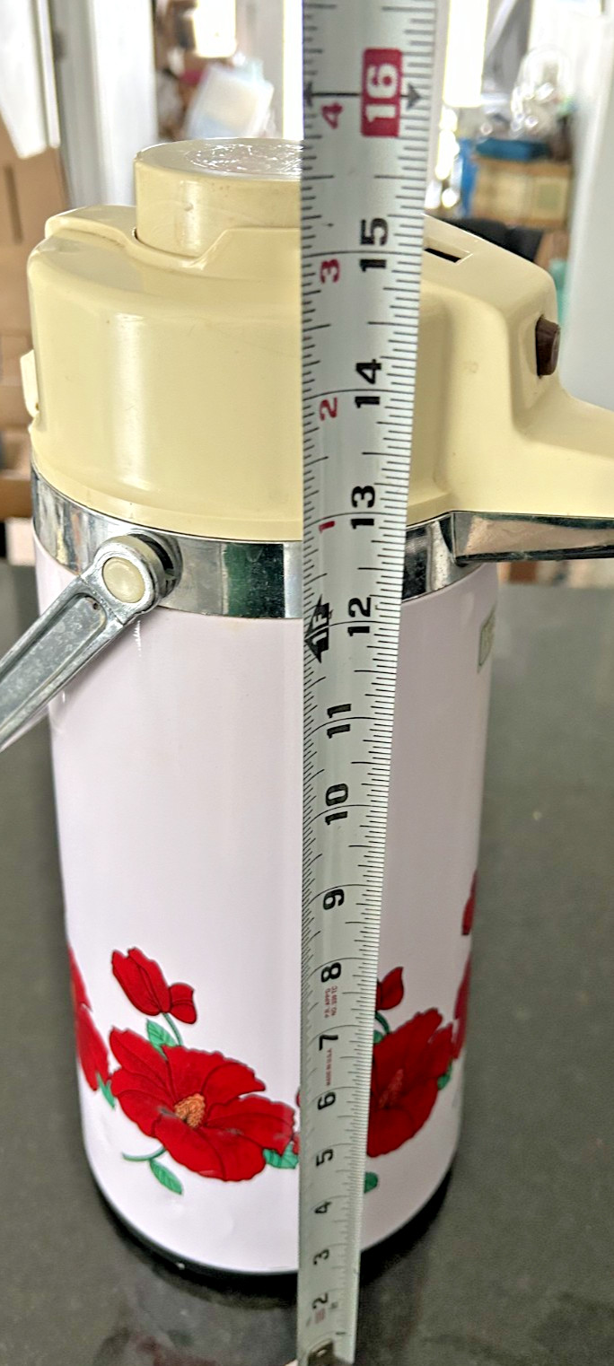 Vintage Floral Pump Airpot Party Time Thermos Dispenser Red Flowers 14” Vintage Floral Pump Airpot Party Time Thermos Dispenser Red Flowers 14”