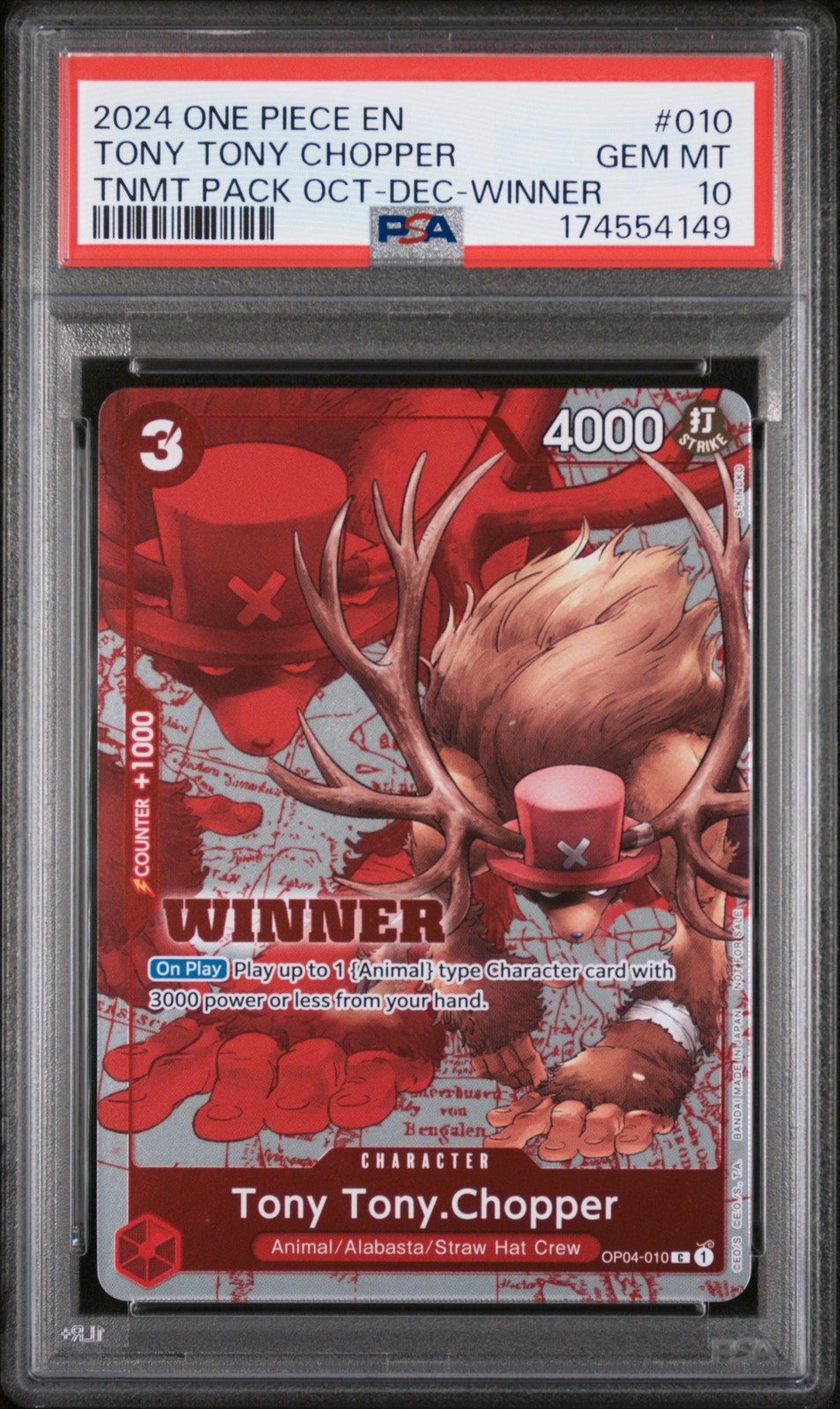 2024 ONE PIECE TOURNAMENT PACK OCTOBER-DECEMBER WINNER TONY TONY CHOPPER PSA 10
