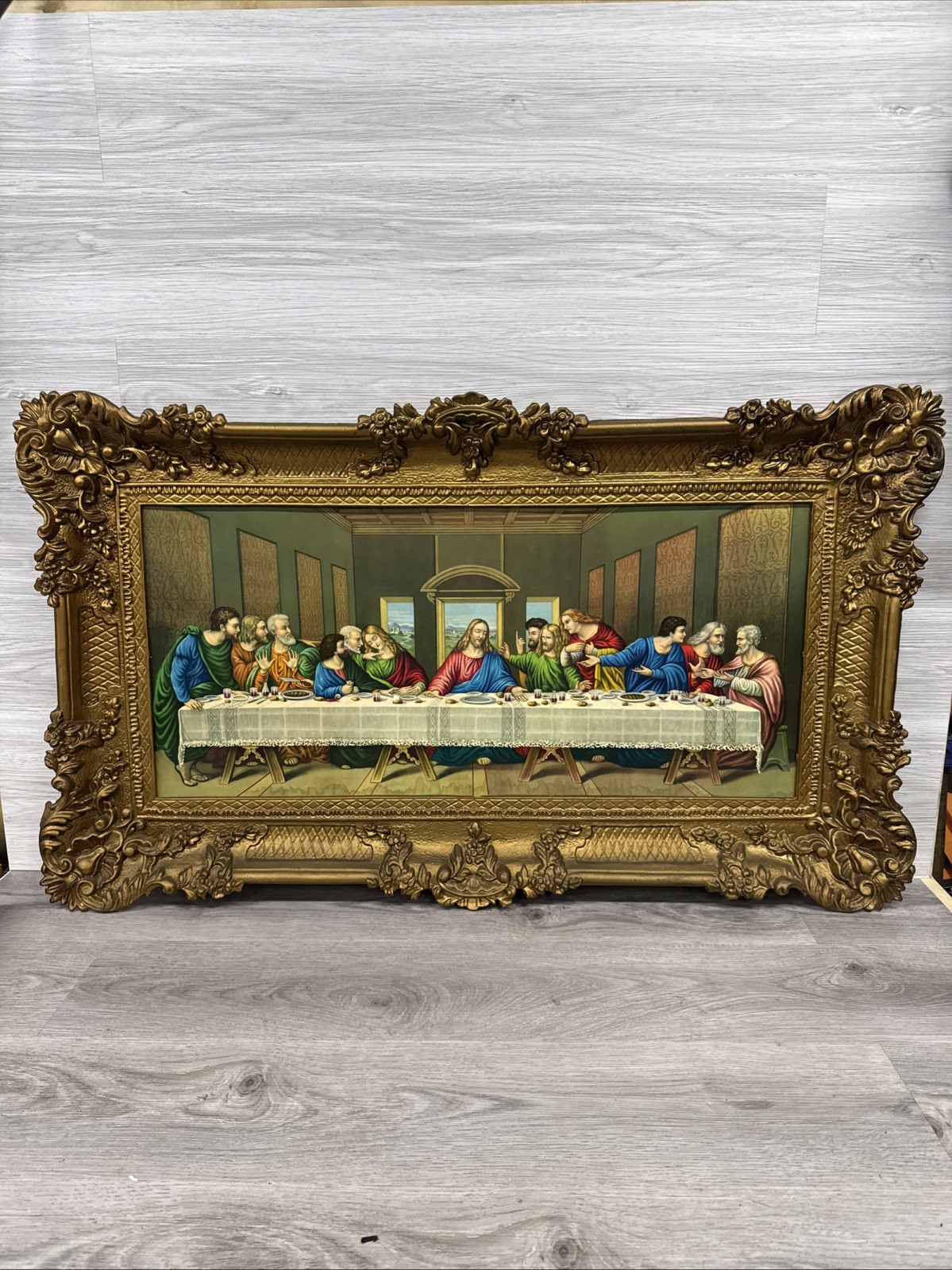 Vintage Last Supper Lithograph Religious With Golden Frame 38” x 22” Made Italy
