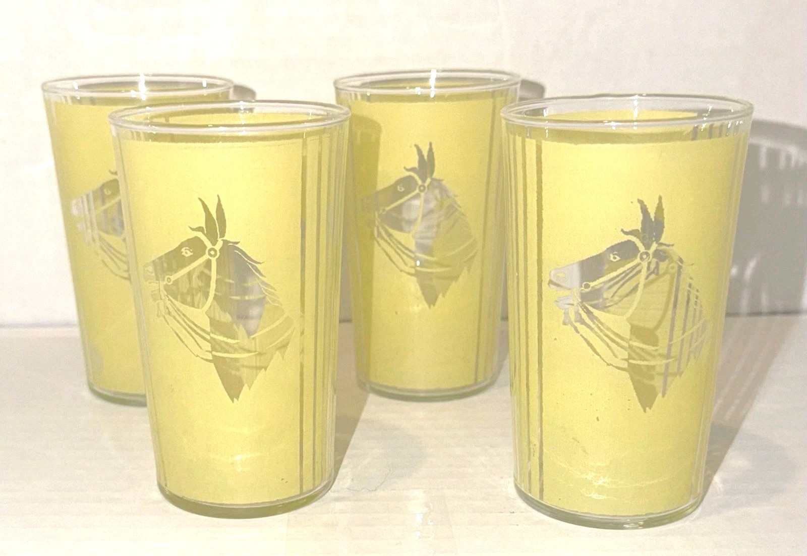 Vintage MCM Frosted Yellow 8oz Glasses with Stripes and Etched Horses Set of 4