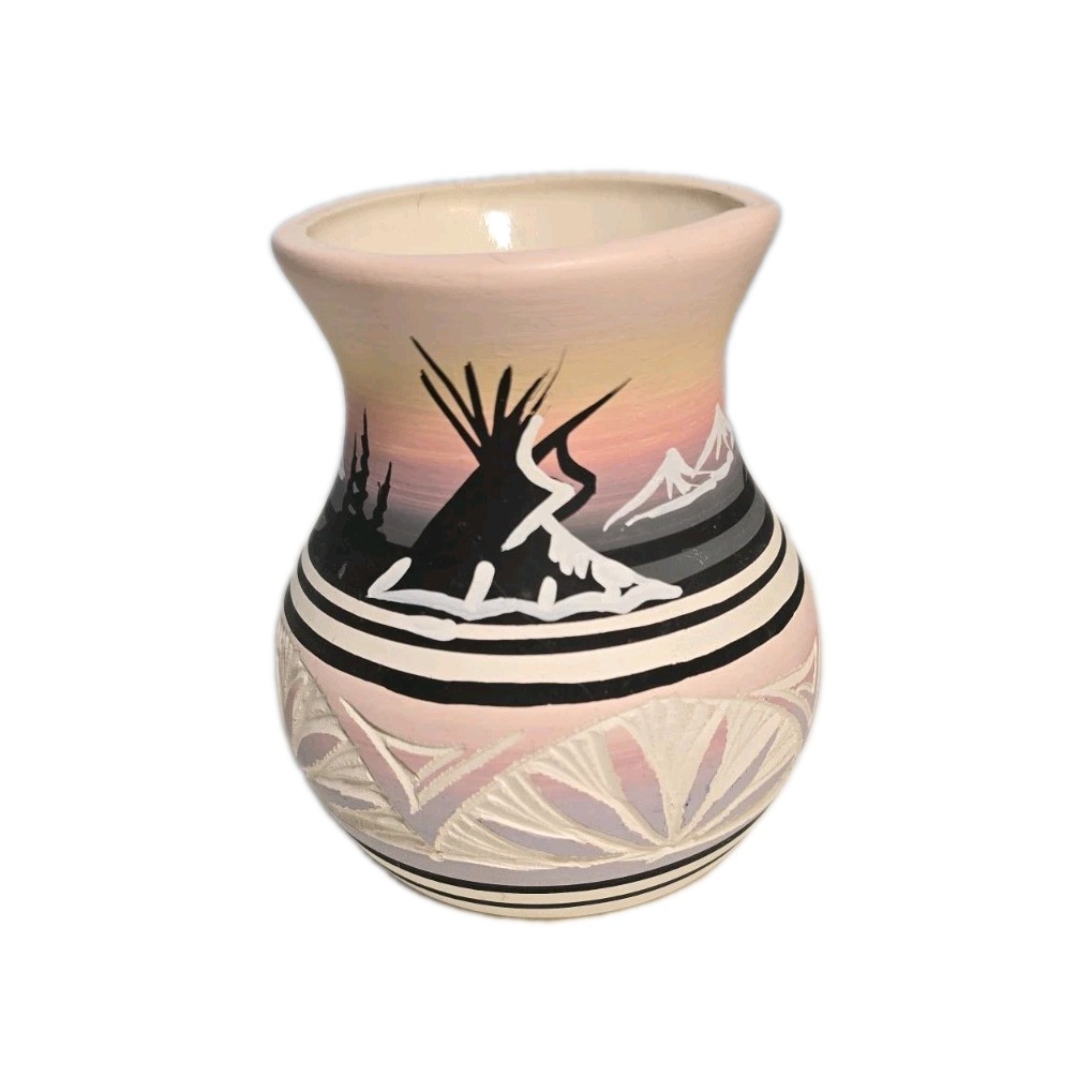 Vintage Native American Navajo POTTERY VASE Chimney Signed Pink Black Gray READ