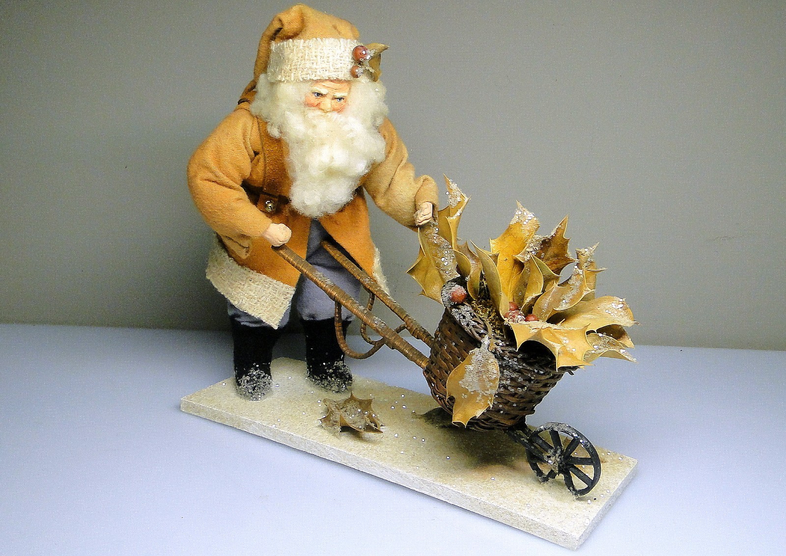 Vintage Santa Pushing Holly Wheelbarrow Ooak Artist Signed Christmas Decor Vintage Santa Pushing Holly Wheelbarrow Ooak Artist Signed Christmas Decor