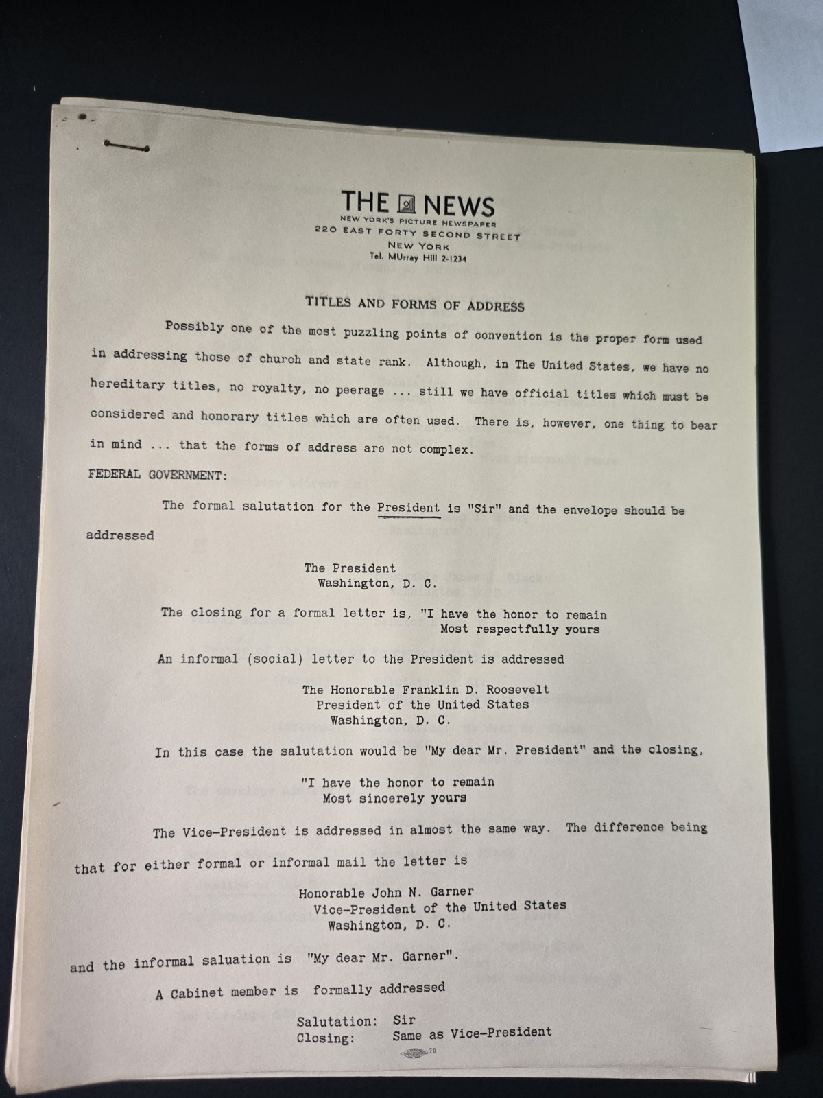 Vintage 1930's The NEWS NEW YORK PRESS GUIDE FIR TITLES AND FORMS OF ADDRESS