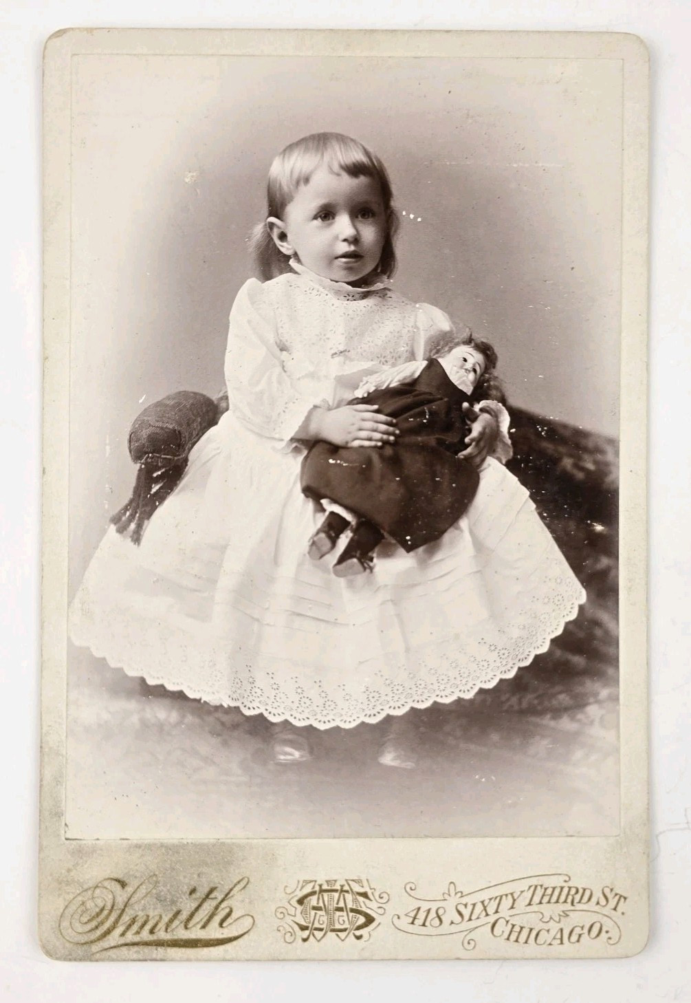 Antique Cabinet Card Photo ID\'d Victorian Girl Porcelain Doll Smith Chicago IL Antique Cabinet Card Photo ID\'d Victorian Girl Porcelain Doll Smith Chicago IL