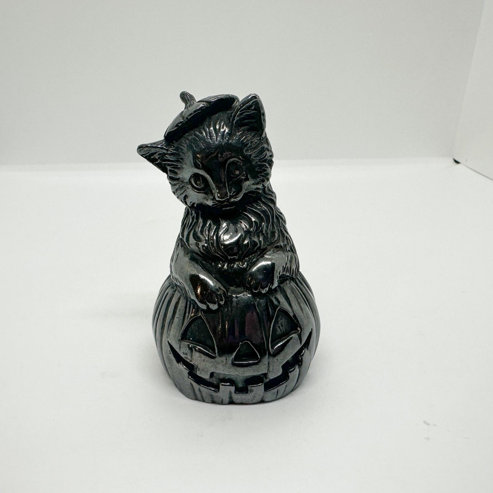 Vintage Silver Plated Cat Pumpkin Halloween Music Box Figurine
