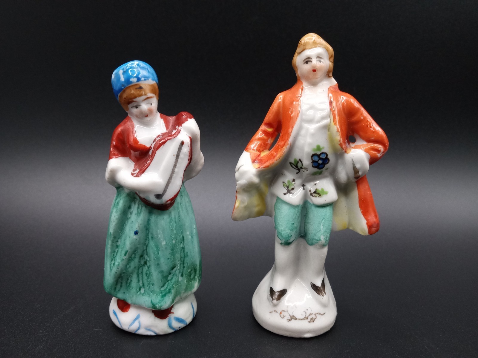 Vintage Occupied Japan Porcelain Figurines Man & Woman Tambourine Musical Set 3\