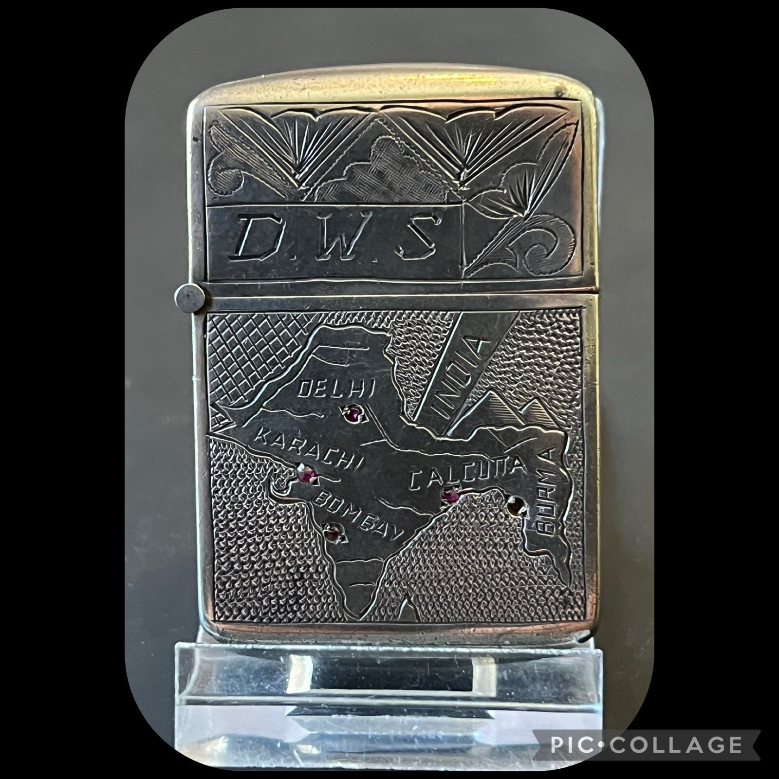 Rare WWII Trench Art Solid Silver Map Lighter-CBI Theater India Burma w/Rubies