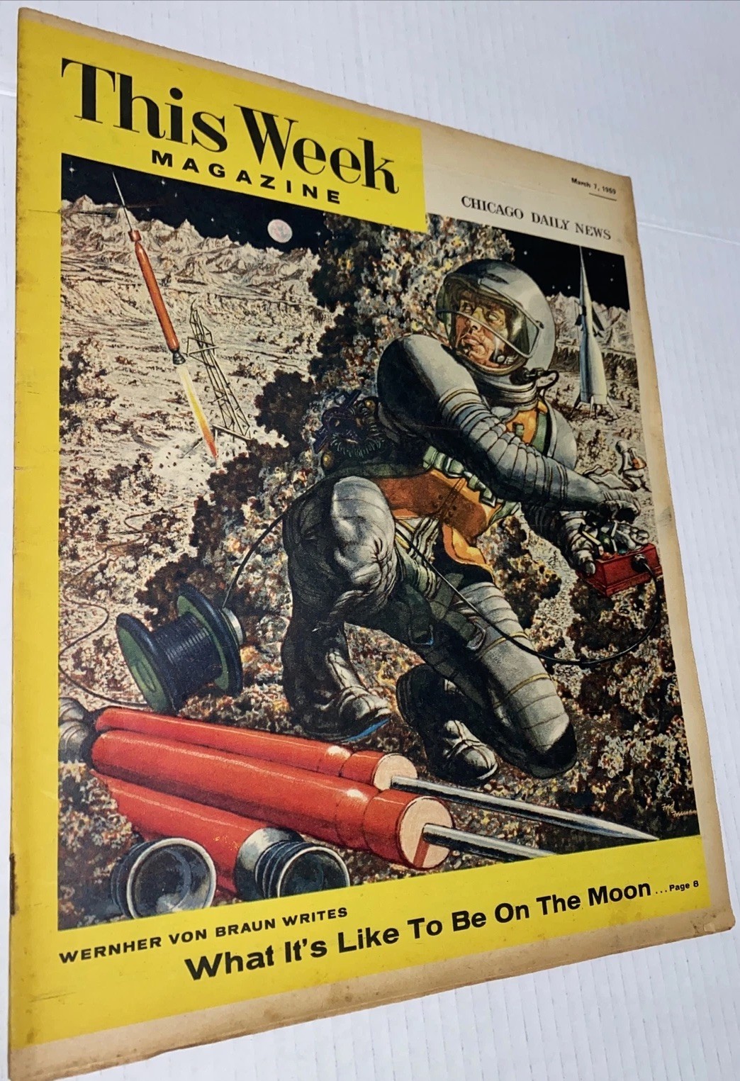 Vintage 1950s First Men To Moon Fred Freeman Sci-Fi Art Space Race Chicago ADS