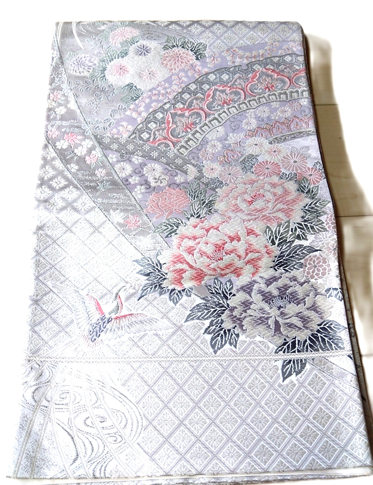 Vintage Japanese Fukuro Obi Silver Pink Crane Floral Brocade Formal Kimono Belt