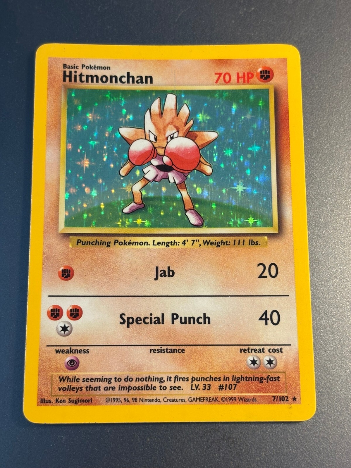 1999 Pokemon Hitmonchan 7/102 Base Set Unlimited Holo Rare WOTC 1999 Pokemon Hitmonchan 7/102 Base Set Unlimited Holo Rare WOTC