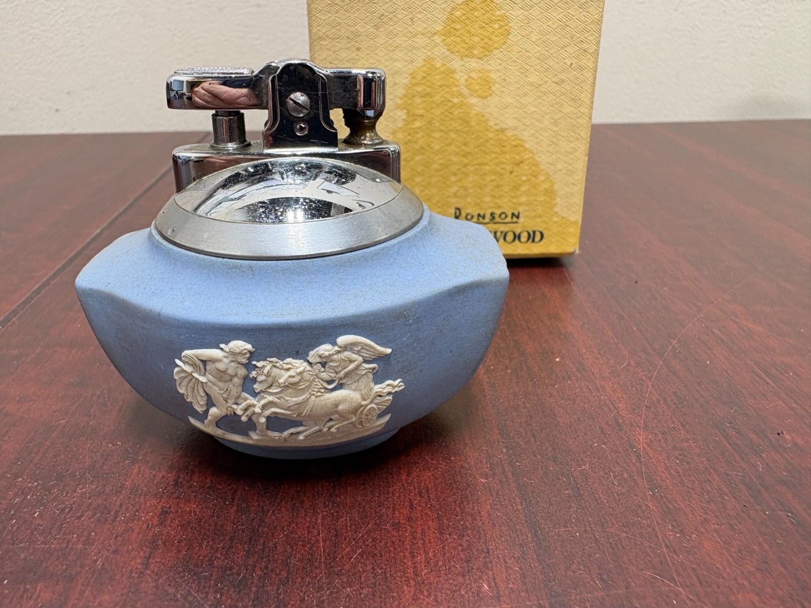 VTG 1950's Ronson Wedgwood Blue Jasperware Table Lighter W/box Paperwork