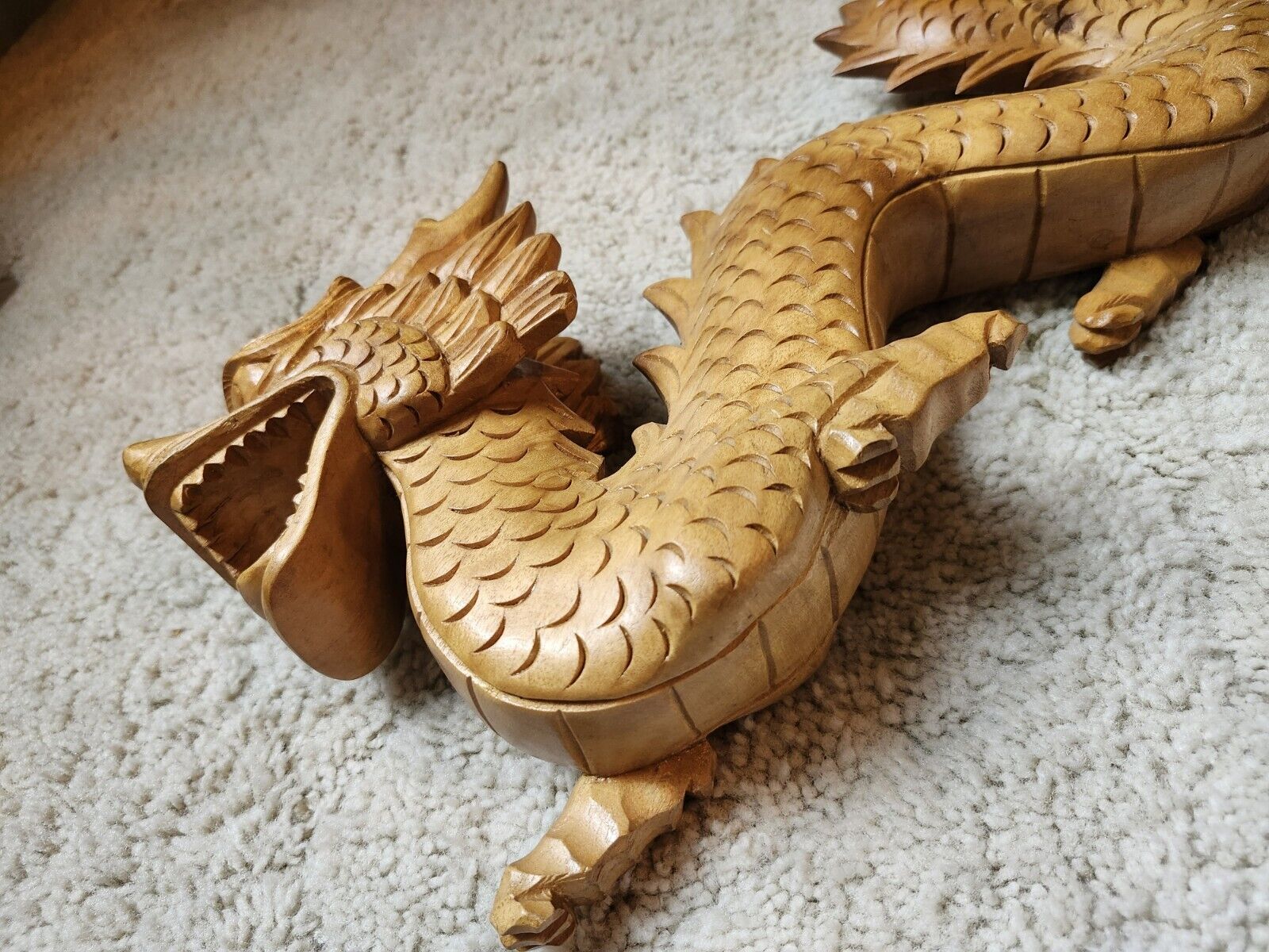 Asian Wooden Dragon Statue Rare Find 15 Inches Long