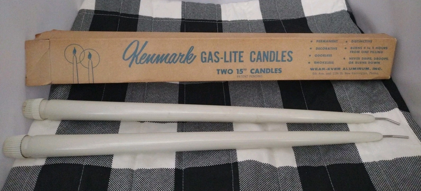 Vintage Wear-Ever Aluminum Gas-Lite Candles Original Box Rare Off White Kenmark Vintage Wear-Ever Aluminum Gas-Lite Candles Original Box Rare Off White Kenmark