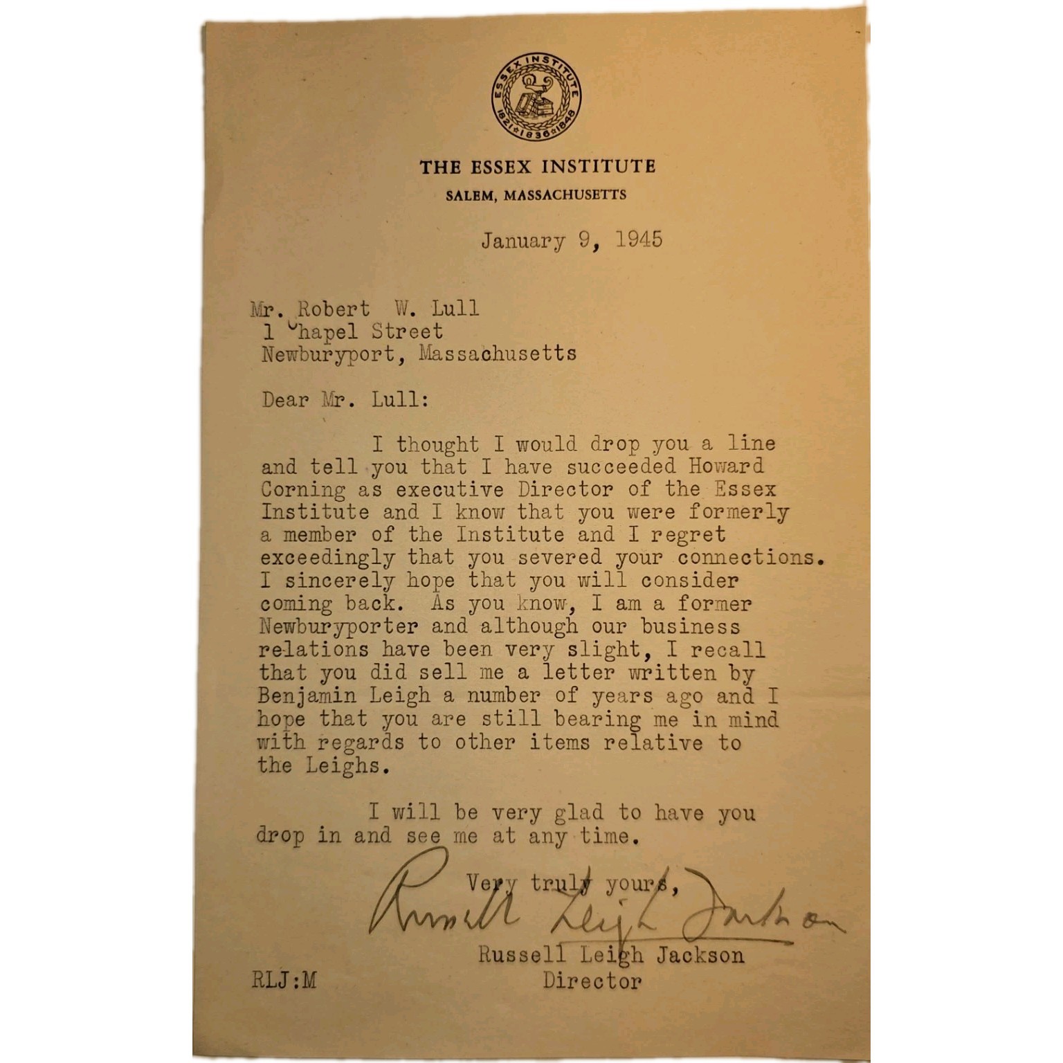 1945 Essex Institute Salem MA Russell Leigh Jackson Signed Letters Robert W Lull