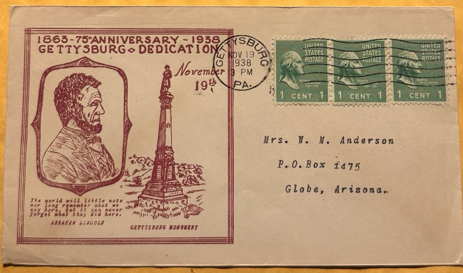 1938 Gettysburg Pa, Civil War 75” Anniversary Dedication, History Postal 1938 Gettysburg Pa, Civil War 75” Anniversary Dedication, History Postal