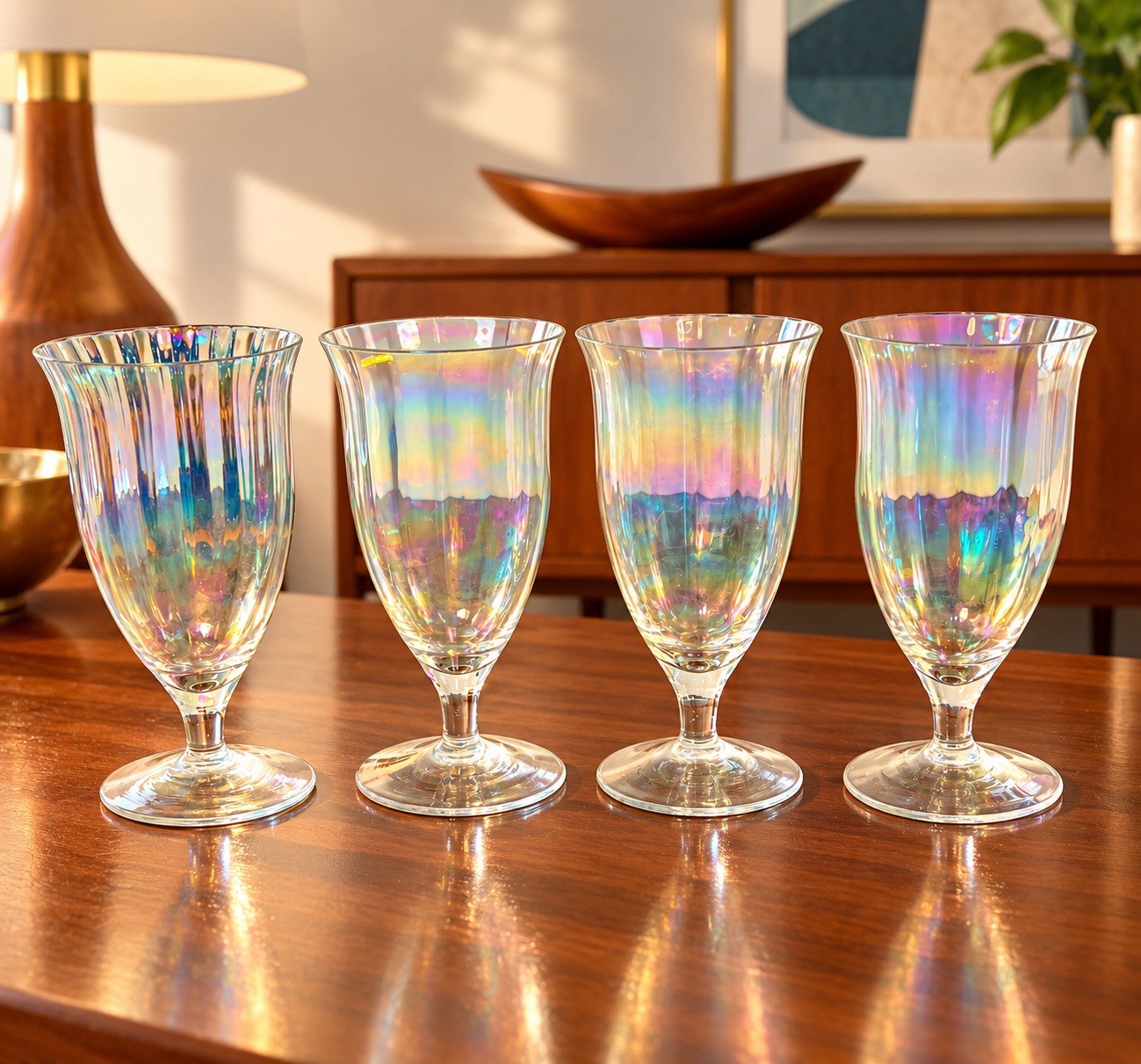 Fostoria 1960s Set Of 4 Ice Tea Goblets Iridescent Lustre Pearl Shell, 3.5x7\
