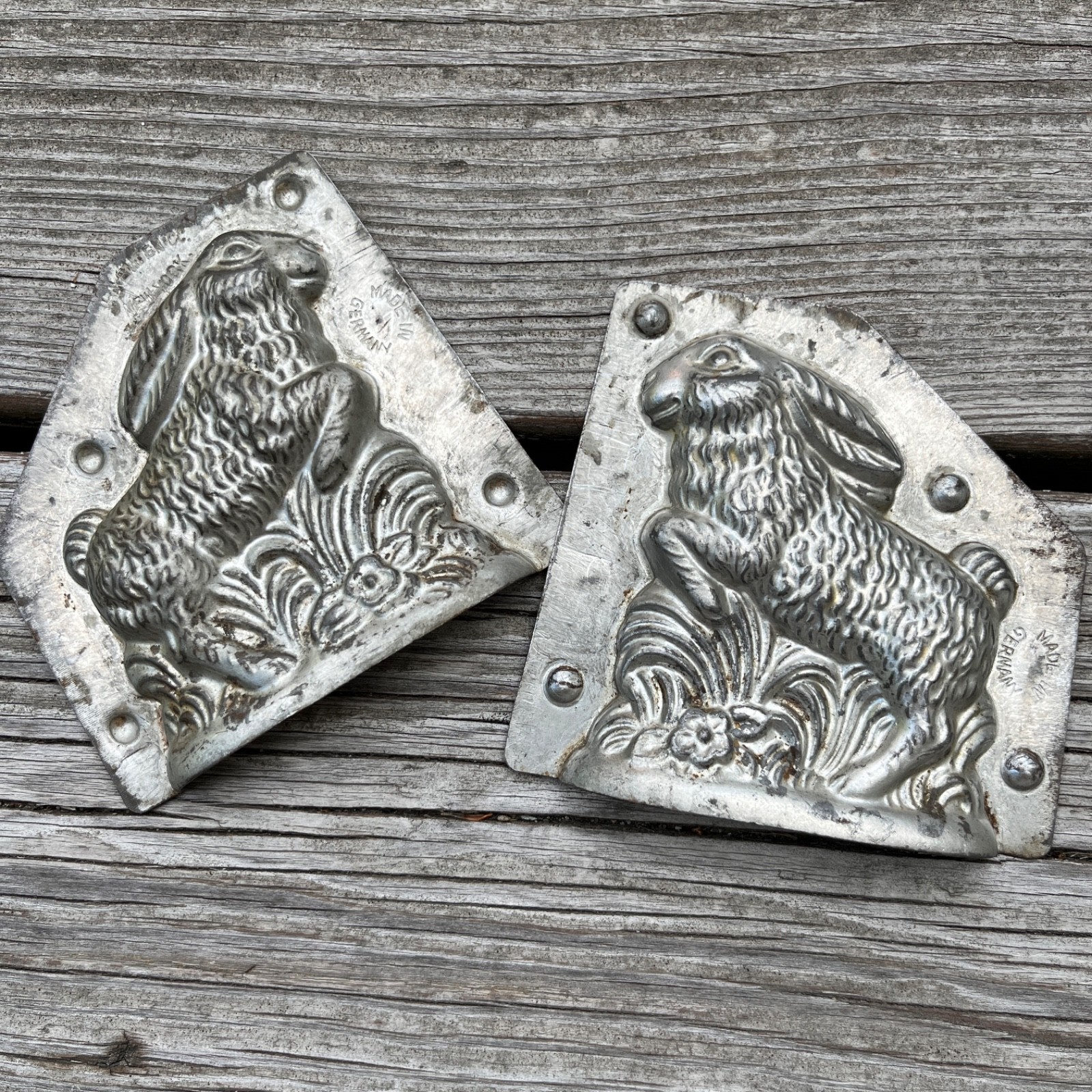 Antique Van Emden German Easter Bunny Jumping Flowers Chocolate Candy Mold, 8467 Antique Van Emden German Easter Bunny Jumping Flowers Chocolate Candy Mold, 8467