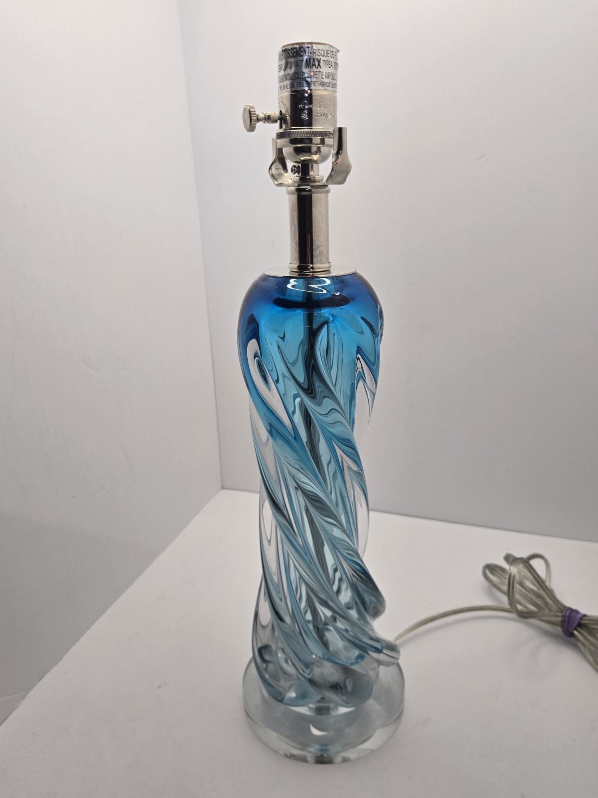 Hand Blown Glass Table Lamp Gradient Blue Clear Swirled
