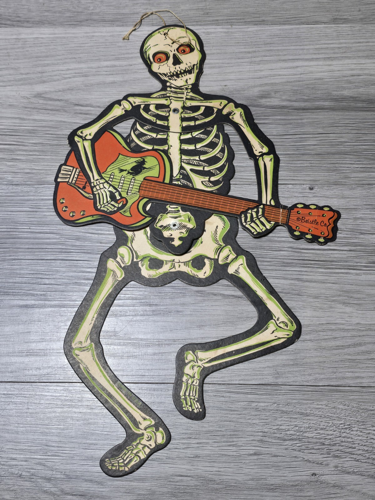 1960s Vintage Beistle Halloween Diecut Jointed Wiggly Dancer Skeleton Guitar