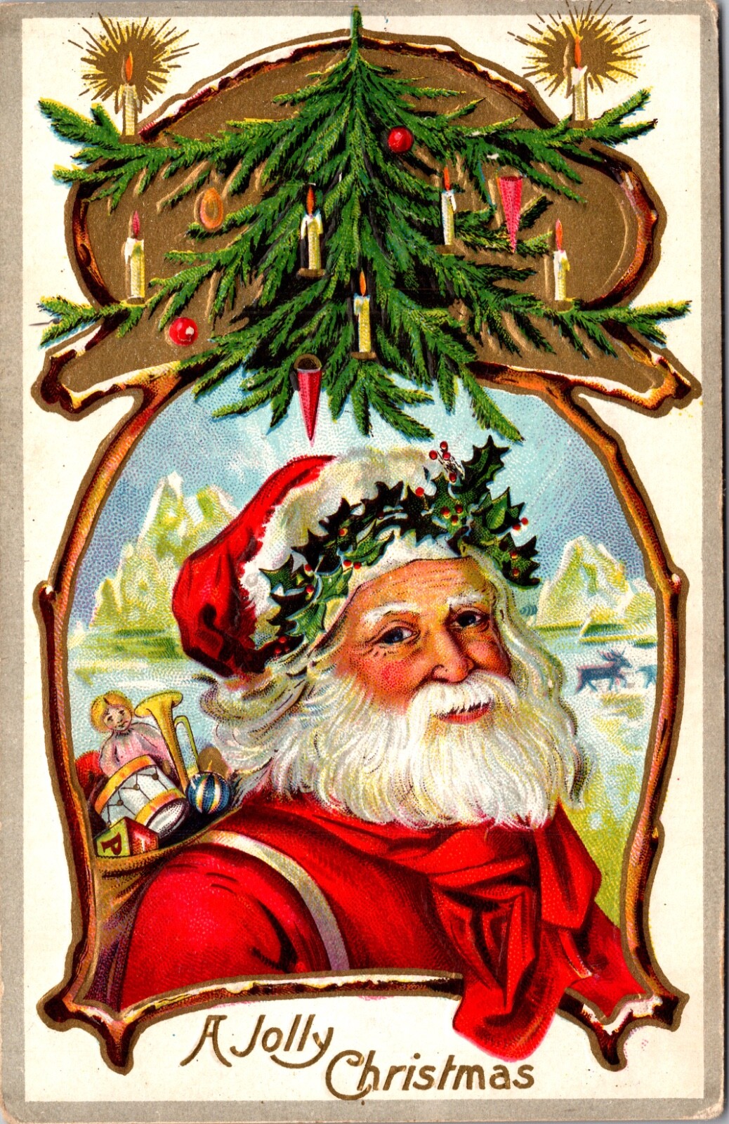 Christmas PC Santa Claus Crown of Holly, Bag of Toys Icebergs Candlelit Tree