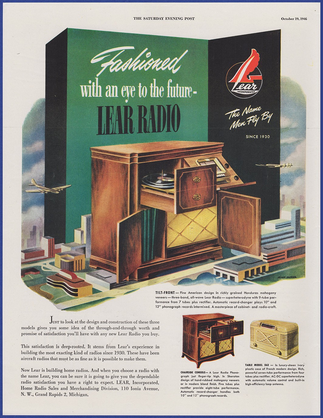 Vintage 1946 LEAR Chairside Console Record Changer 5 Tube Radio 40\'s Print Ad