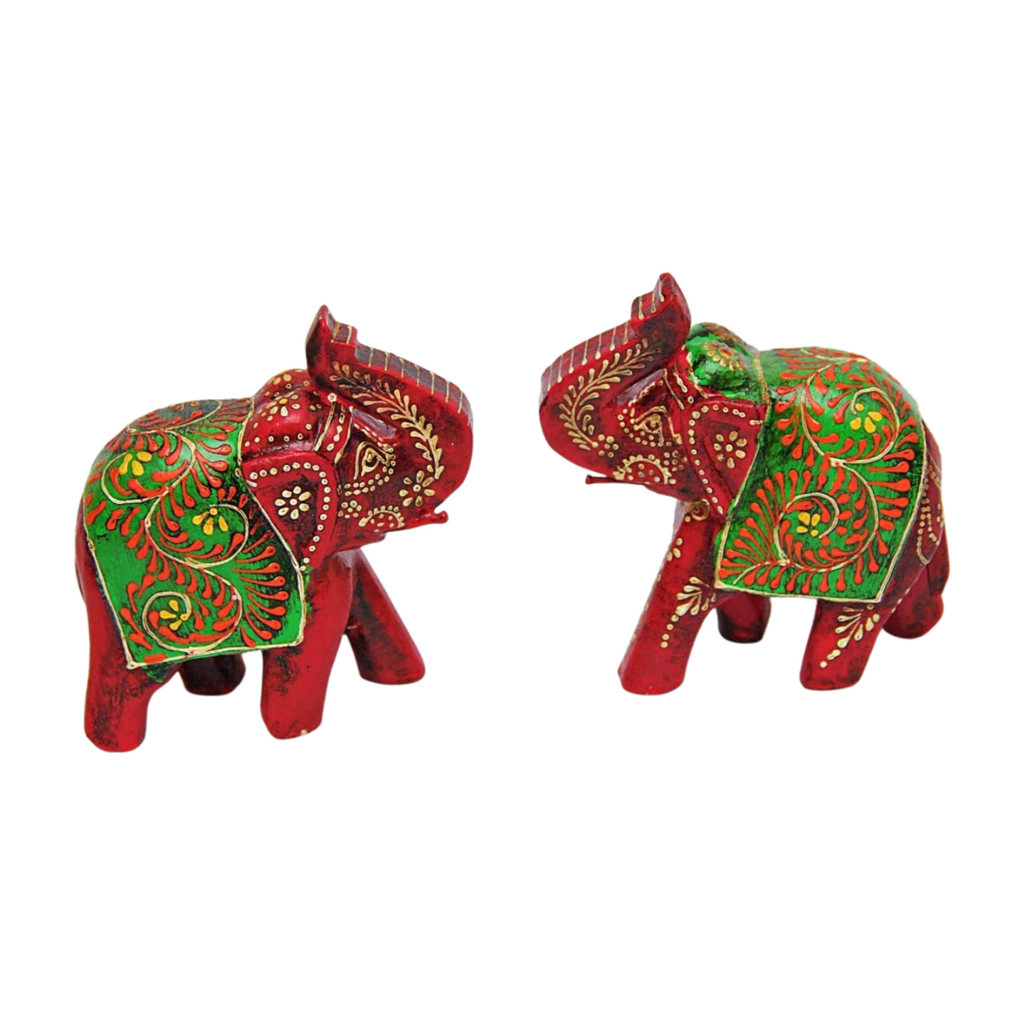 Hand-Painted Decorative Wooden Elephant Figurines Featuring Traditional Design
