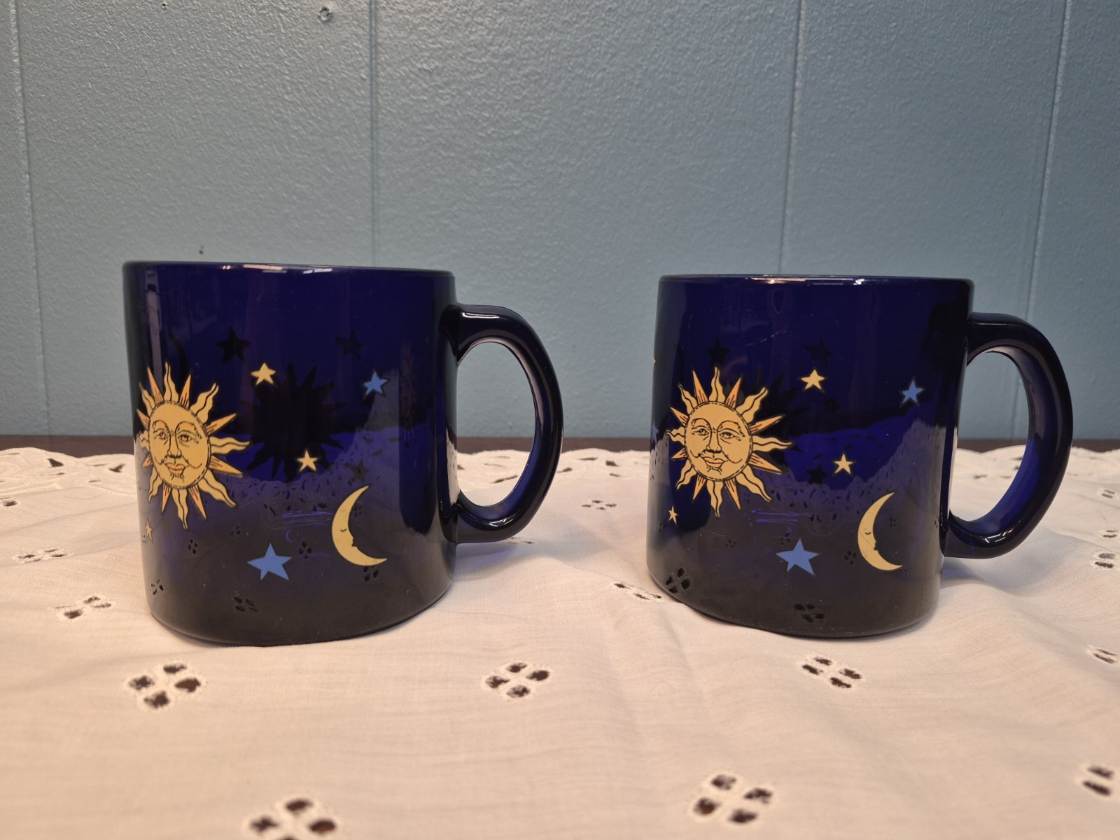 Vtg 1990s Set Of 2 Libby Celestial Cobalt Blue Friends Coffee Mug Sun Moon Stars
