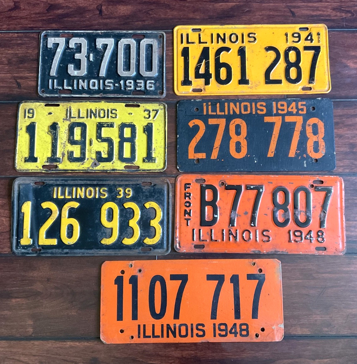 LOT OF 7 ILLINOIS LICENSE PLATE PLATES ORIGINAL 1936 1937 1939 1941 1945 1948 LOT OF 7 ILLINOIS LICENSE PLATE PLATES ORIGINAL 1936 1937 1939 1941 1945 1948