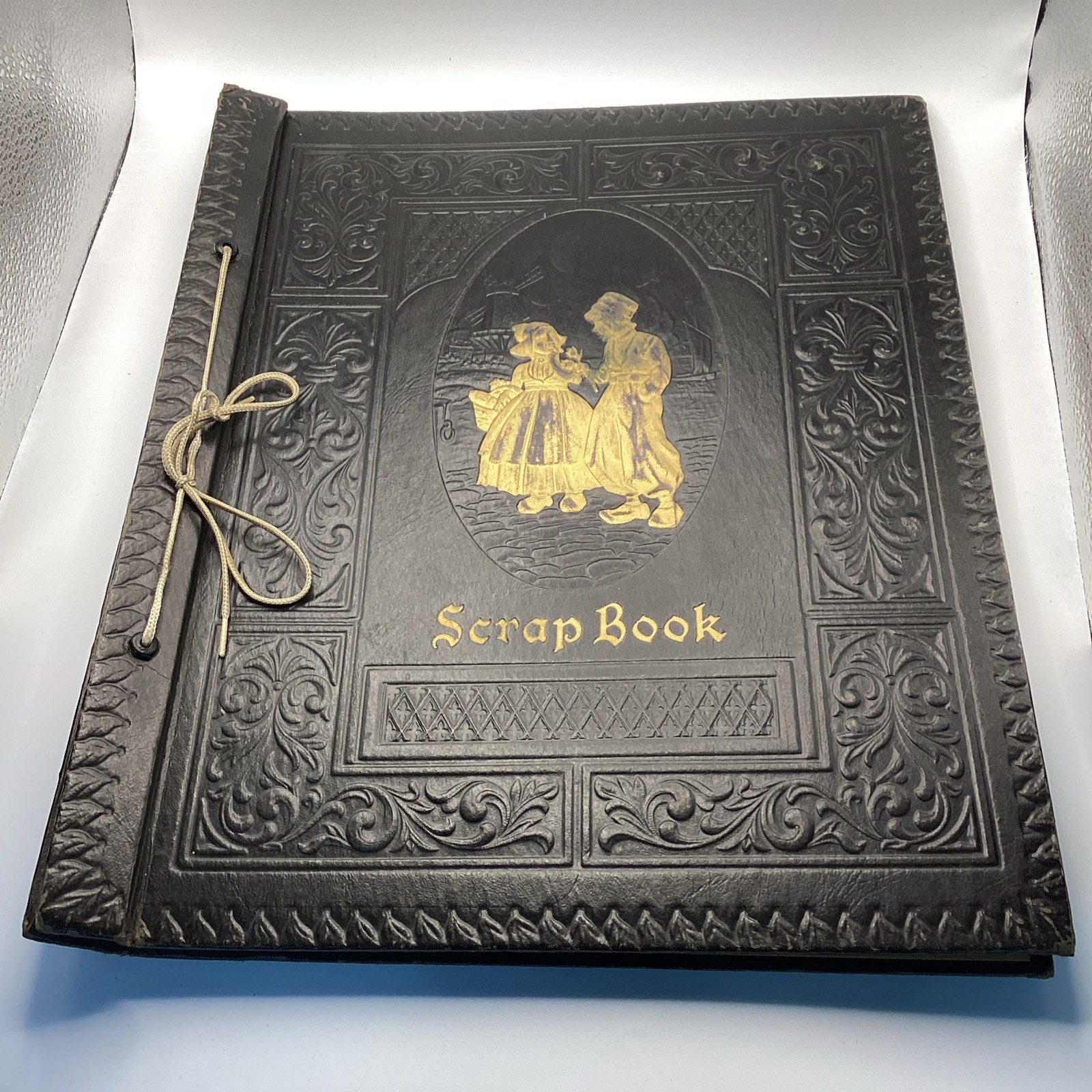 Vintage Early-Mid 1900’s Black Scrapbook W/Dutch Themed Embossed Pattern 14.5 In