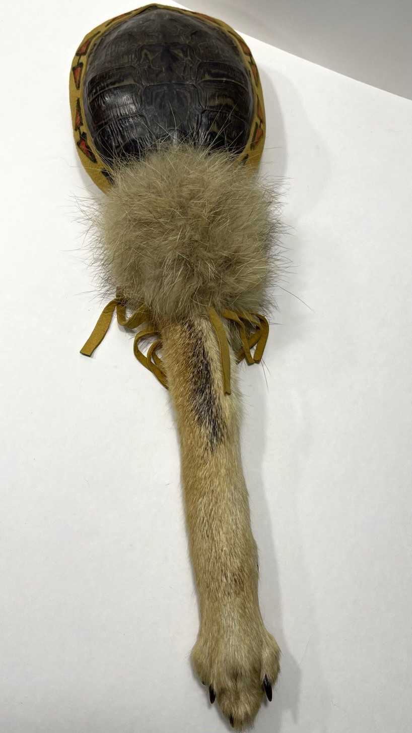 Vintage Native American Style Turtle Shell Animal Leg Rattle Fur Paw Handle