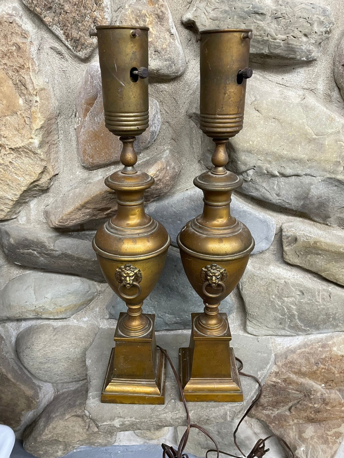 Set of Two Antique Brass Urn Lamps