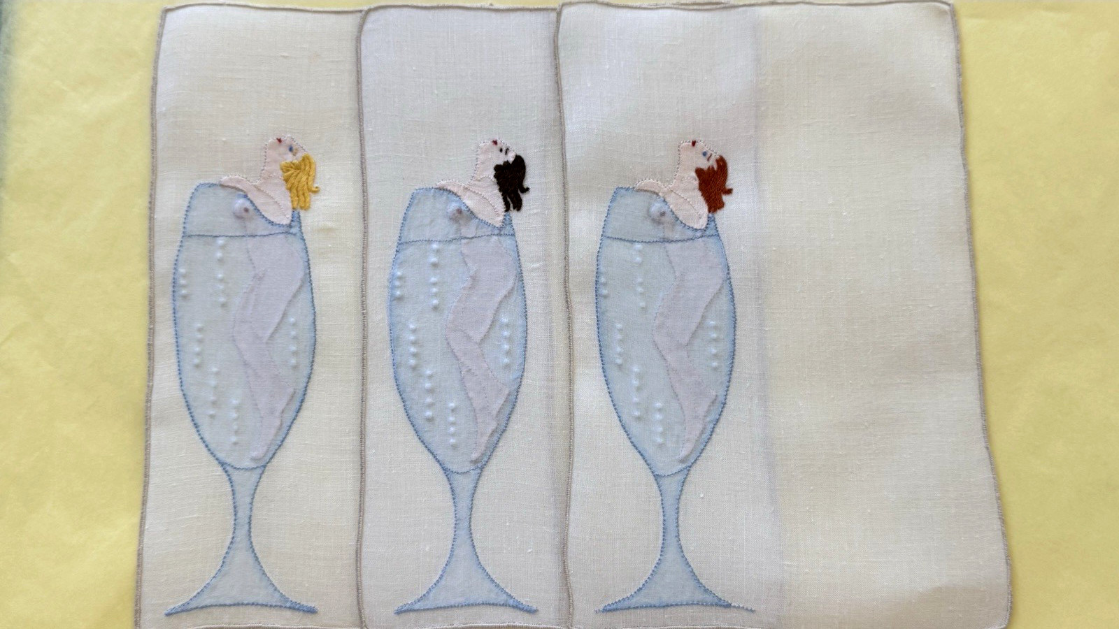 Vintage Cocktail Napkins 1950s Risque Pin Up Girls Madeira Embroidered Linen 3