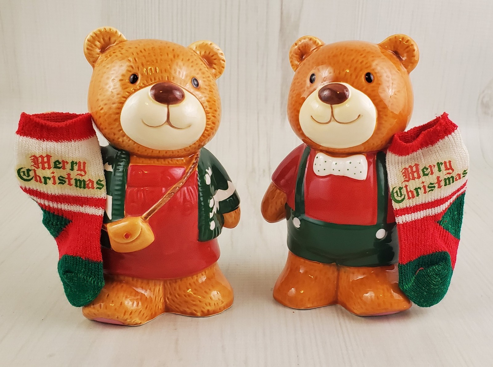 Vintage 1985 Enesco Christmas Teddy Bear Ceramic Banks Set Boy Girl Stocking