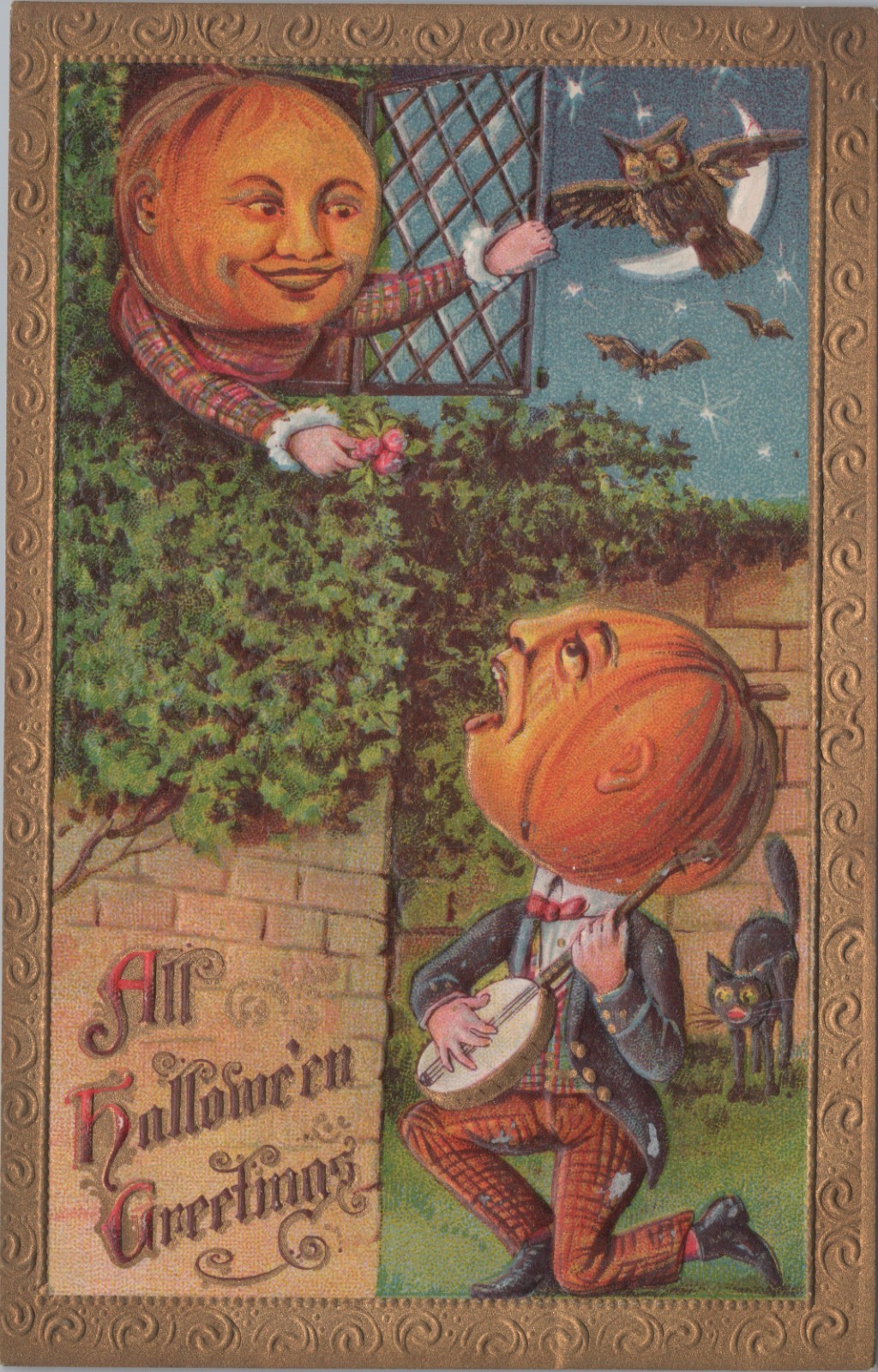 Postcard Halloween Pumpkin Head JOL Goblins Guitar Banjo Gottschalk c1910s #Dm-b