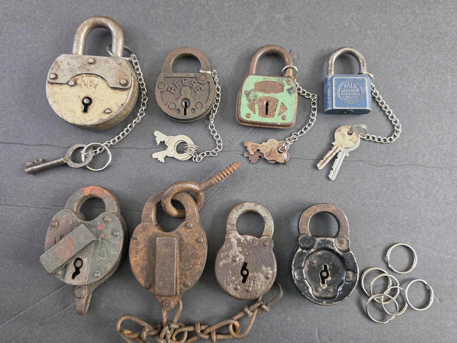 Antique/Vintage Assorted Padlock Lot w/ Keys, Chains & Key Rings