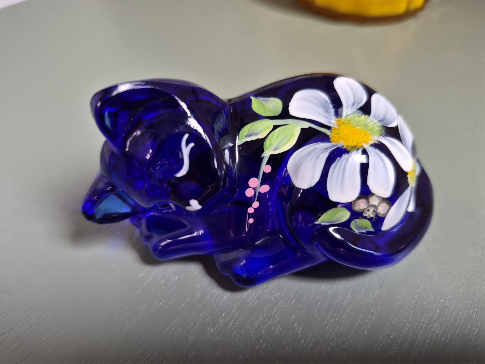 NIB FENTON Signed S. Waters Blue Glass Sleeping Cat Figurine, Floral Painting