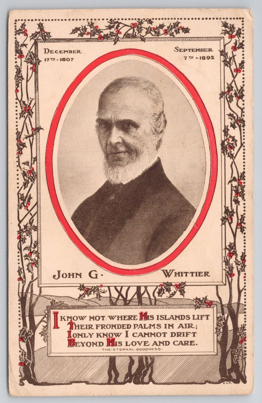 John Greenleaf Whittier Memorial Postcard 1910 - American Poets Series John Greenleaf Whittier Memorial Postcard 1910 - American Poets Series
