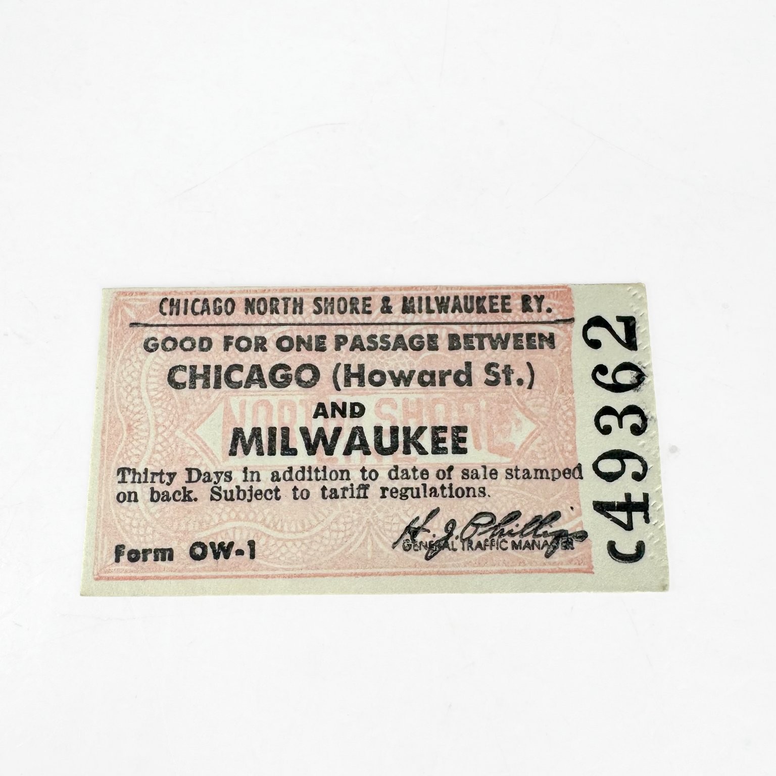Chicago North Shore & Milwaukee Ry. One Way Ticket Chicago to Milwaukee C49362