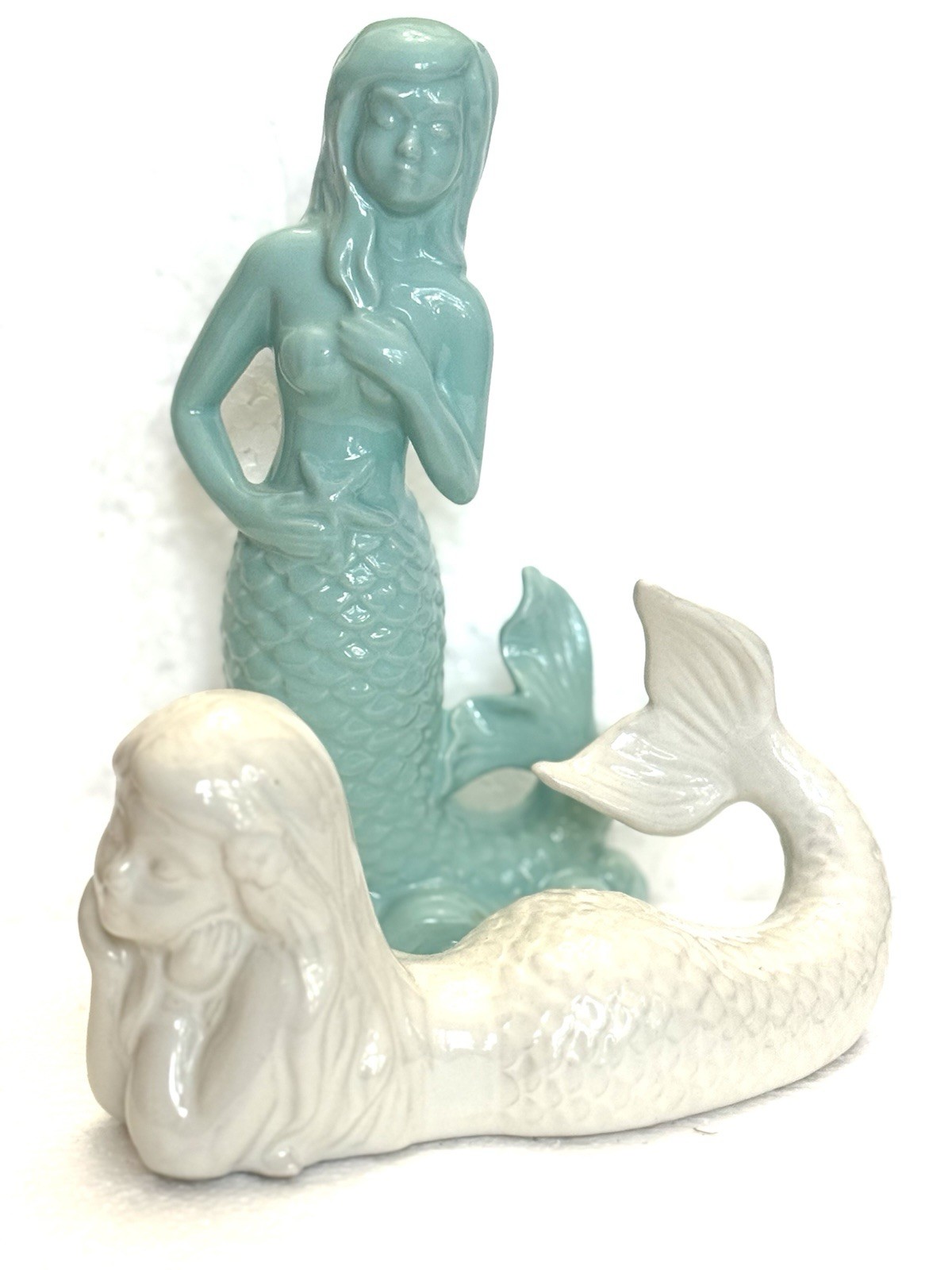 2 Mermaid Figurine (s) Ceramic Coastal White & Mint Green 9x5” & 4x8”