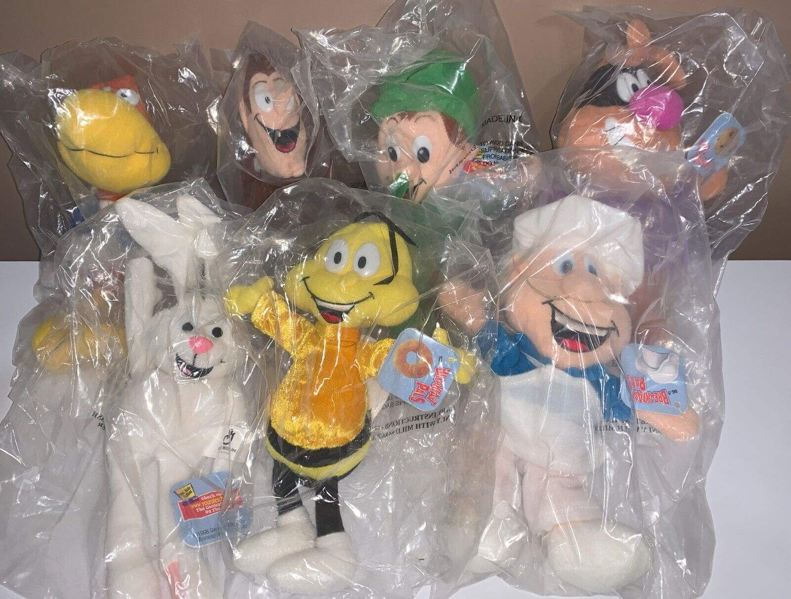 Complete Set of 7 General Mills Breakfast Pals 1998 Plush Stuffed Characters NIB