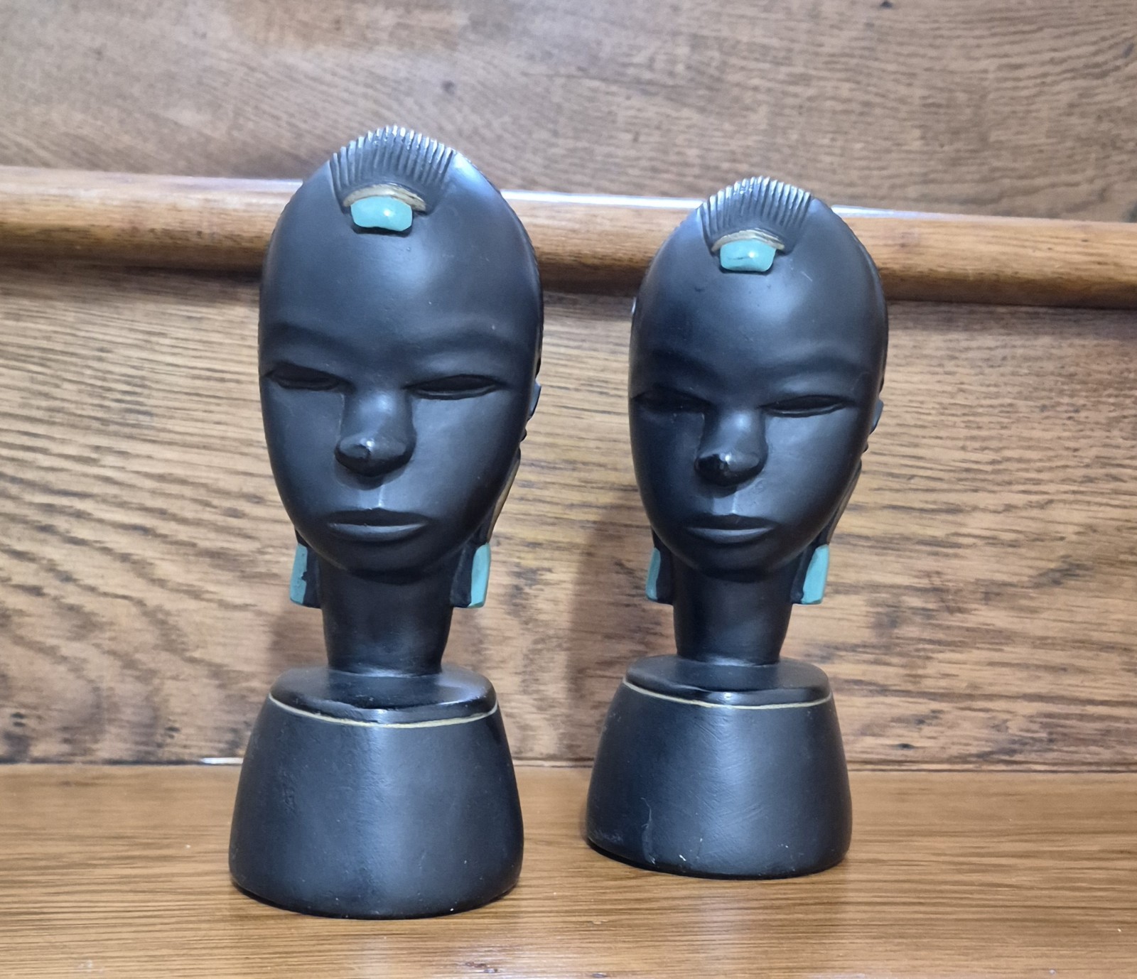 Vintage ABCO Black With Turquoise Details Chalkware Tribal Princess Bust Pair Vintage ABCO Black With Turquoise Details Chalkware Tribal Princess Bust Pair