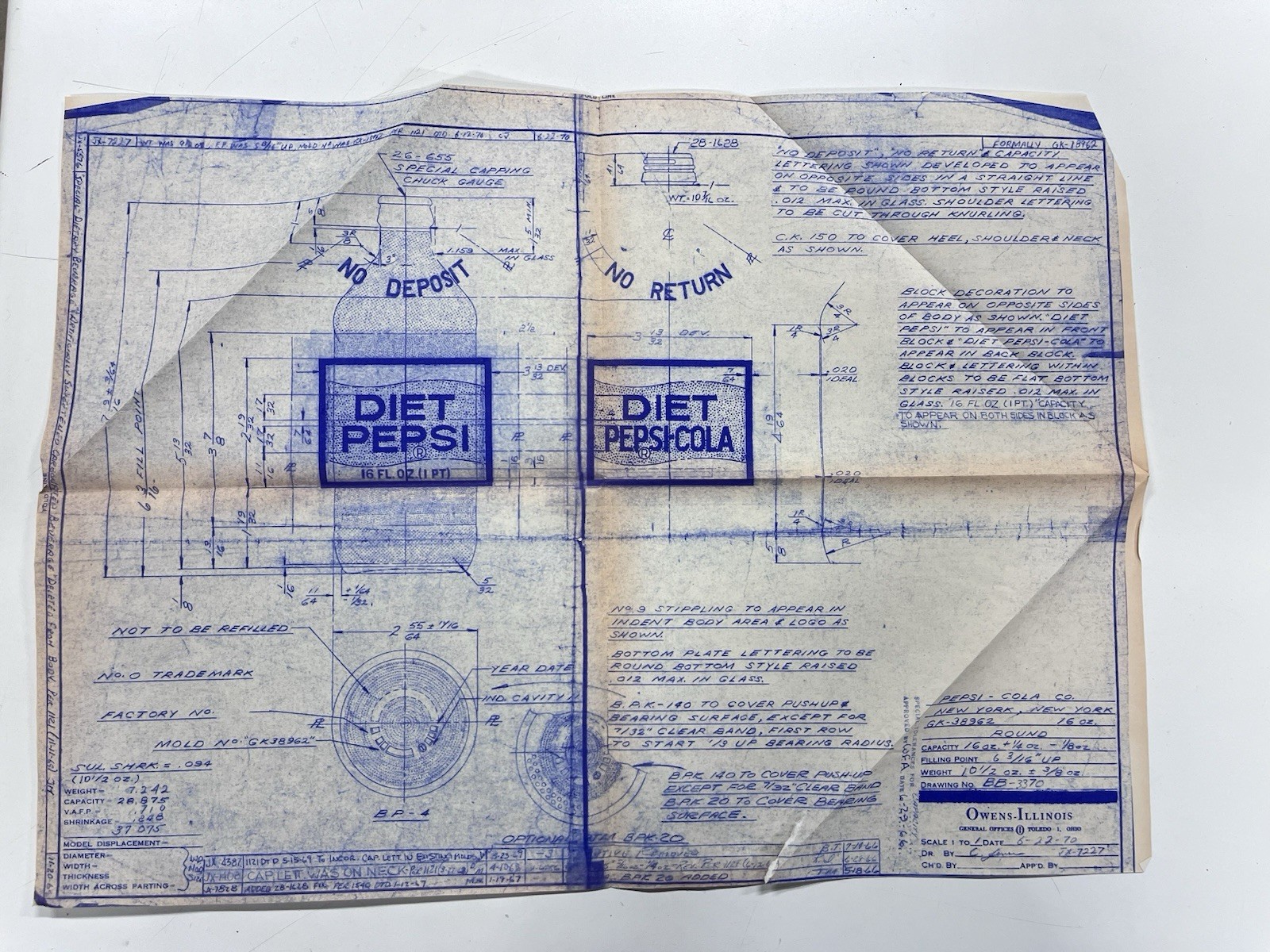 1970 Diet Pepsi Bottle Vintage Factory Engineering Blueprint Copy Owens-Illinois