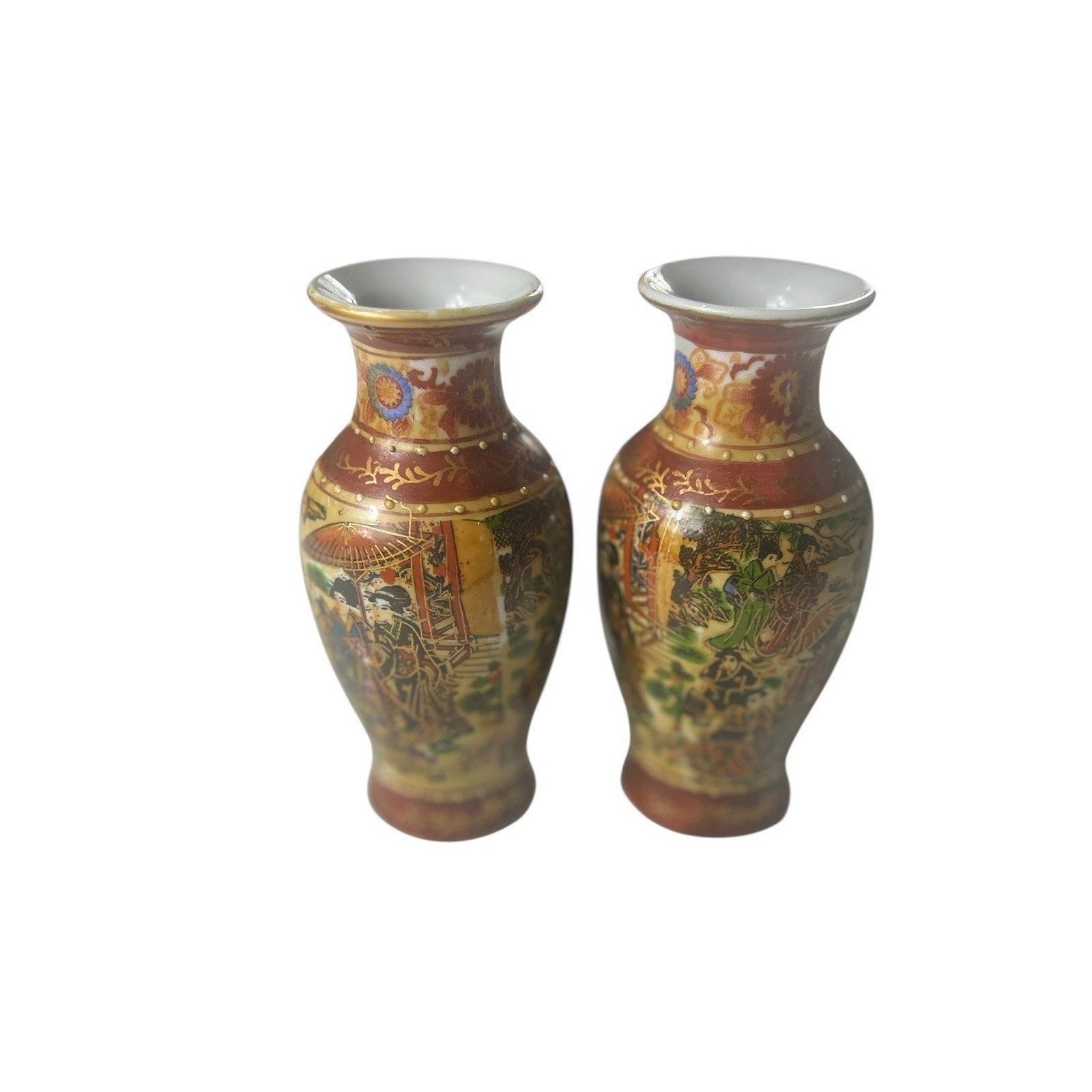 Vintage Asian Pair Satsuma Style Moriage Geisha Porcelain Bud Vases 6 Gold Trim