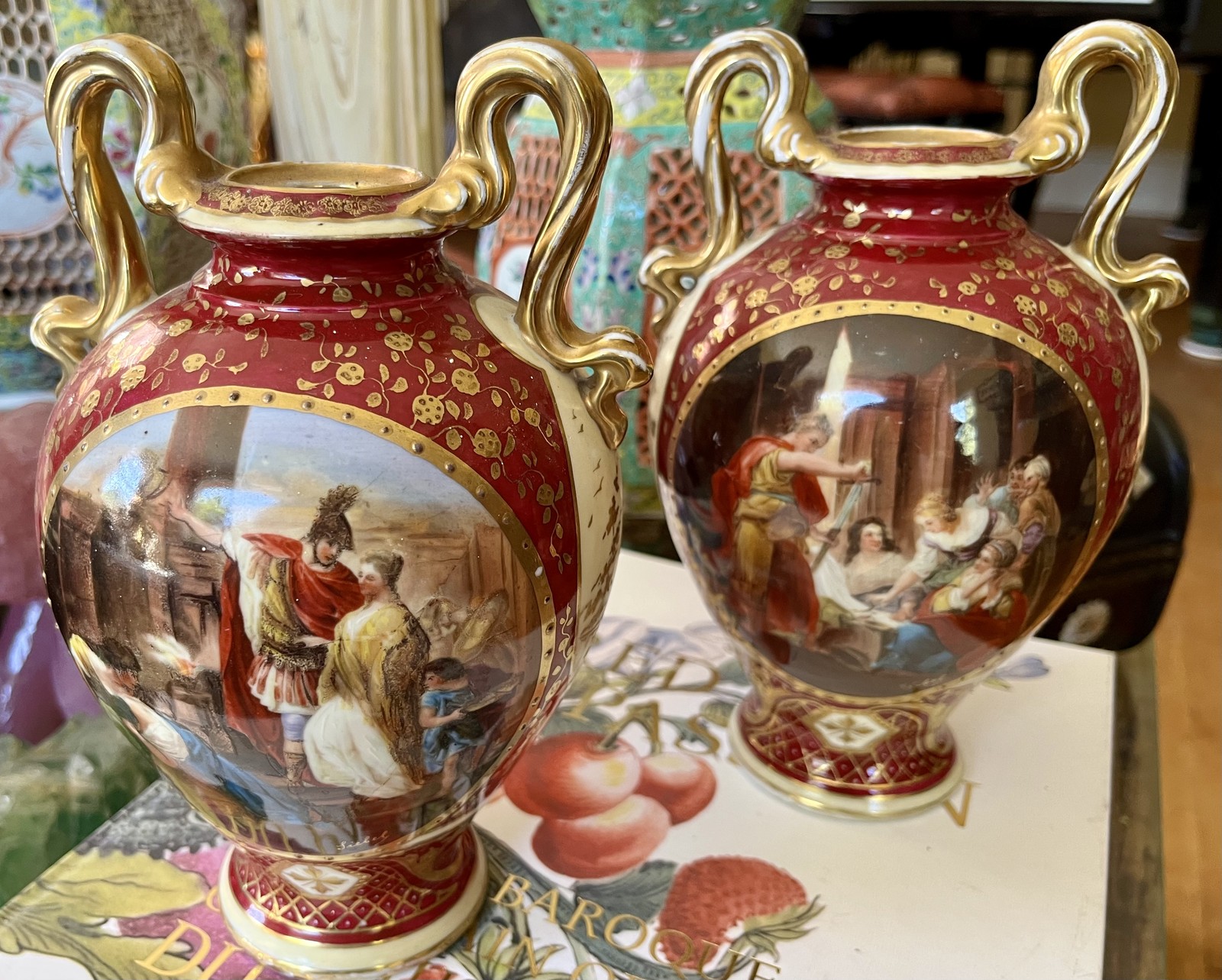 Pair Antique 19th Royal Vienna Signed Hand-Painted Porcelain Vases Pair Antique 19th Royal Vienna Signed Hand-Painted Porcelain Vases